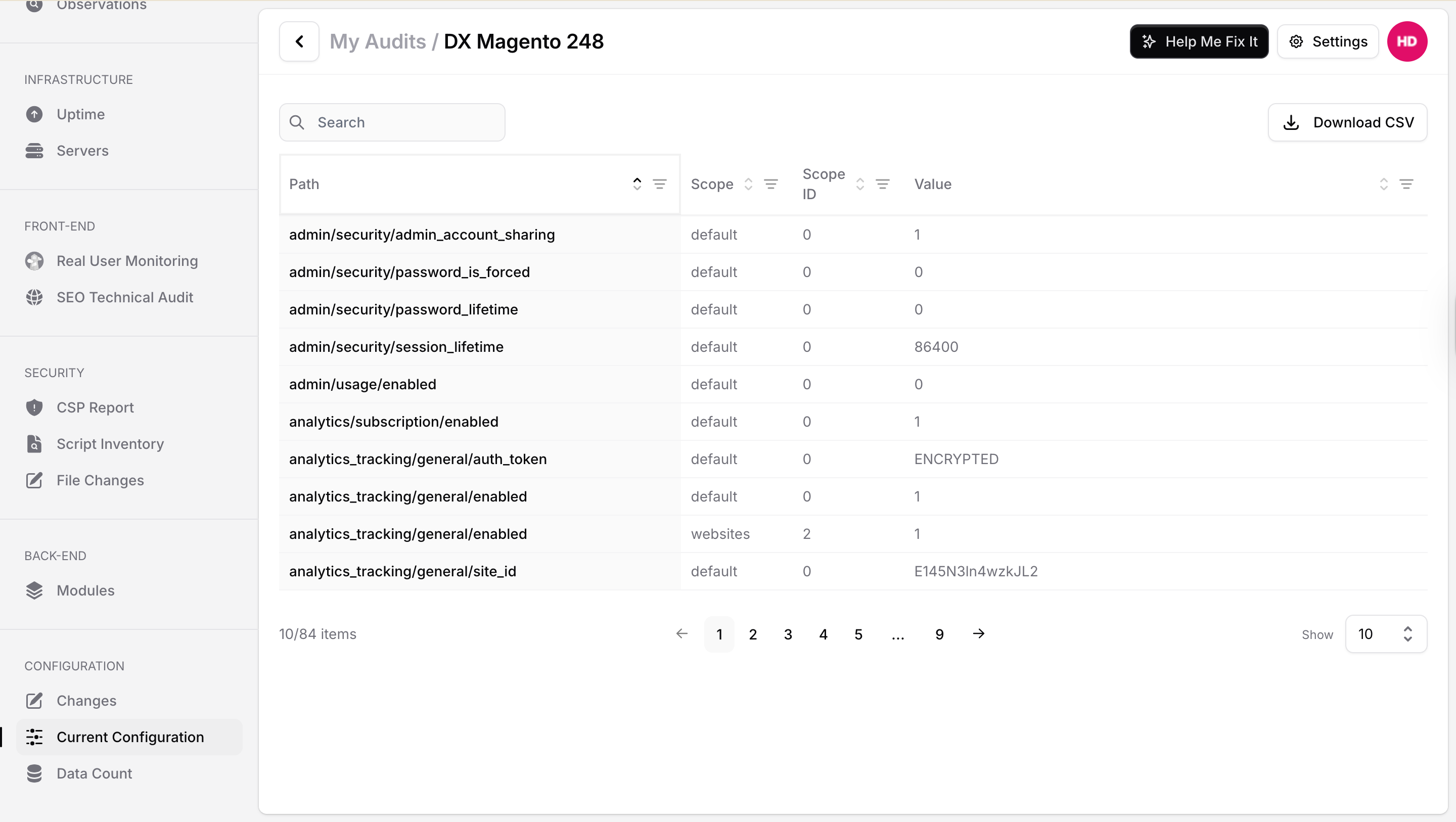 AuditIQ Configuration Changes page showing a history of Magento and Adobe Commerce config changes