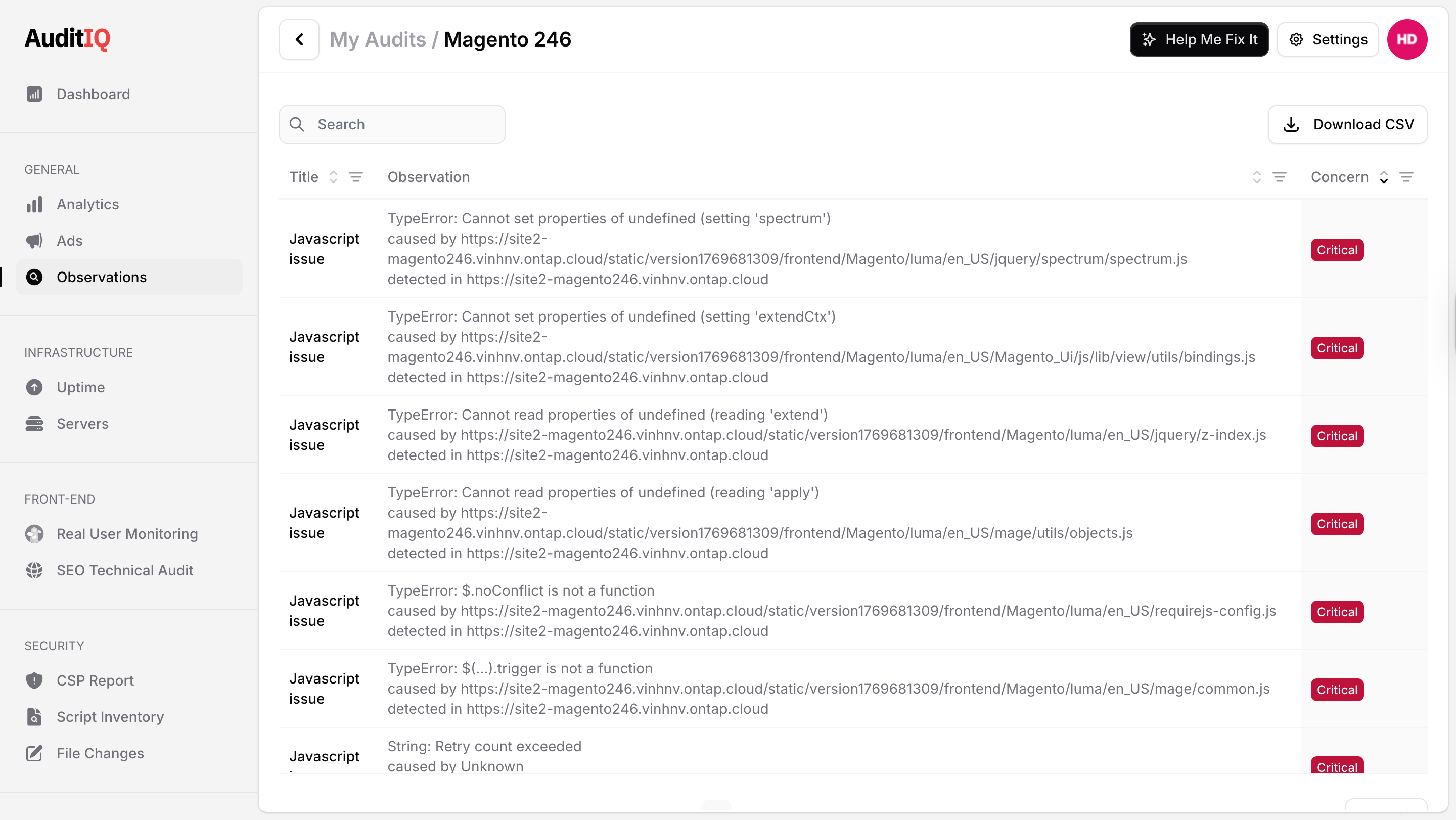 AuditIQ General Observations page listing automated daily checks