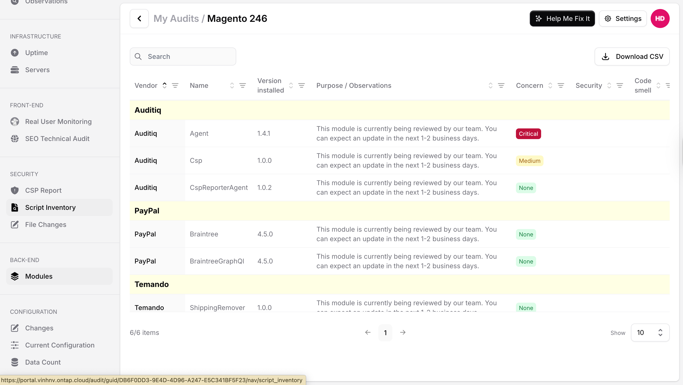 AuditIQ Modules page showing installed Magento and Adobe Commerce modules and versions