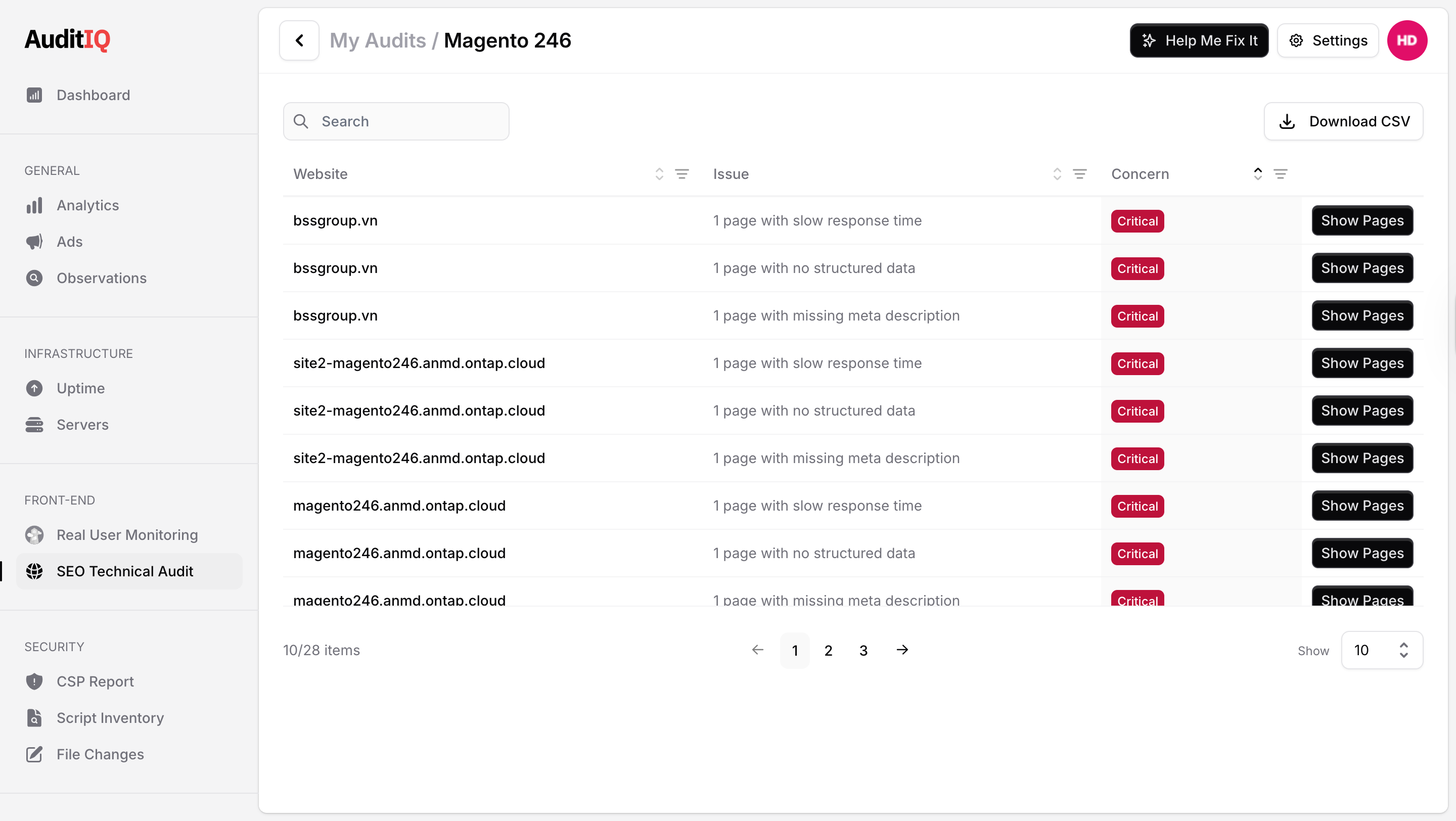 AuditIQ audit page overview showing section navigation