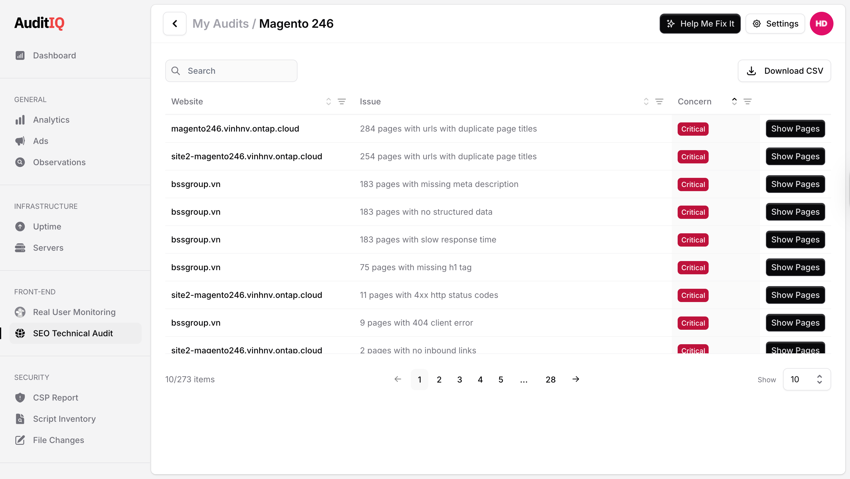 AuditIQ Technical SEO Audit page showing crawl results